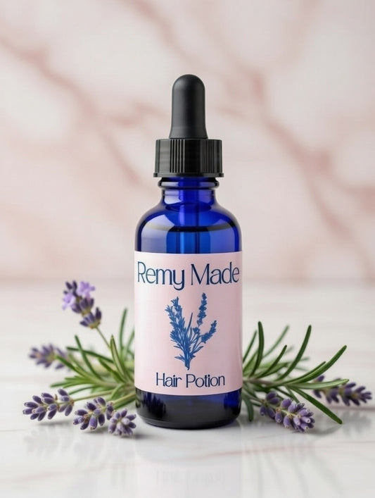 Remy Made Hair Potion on blush marble surface with lavender