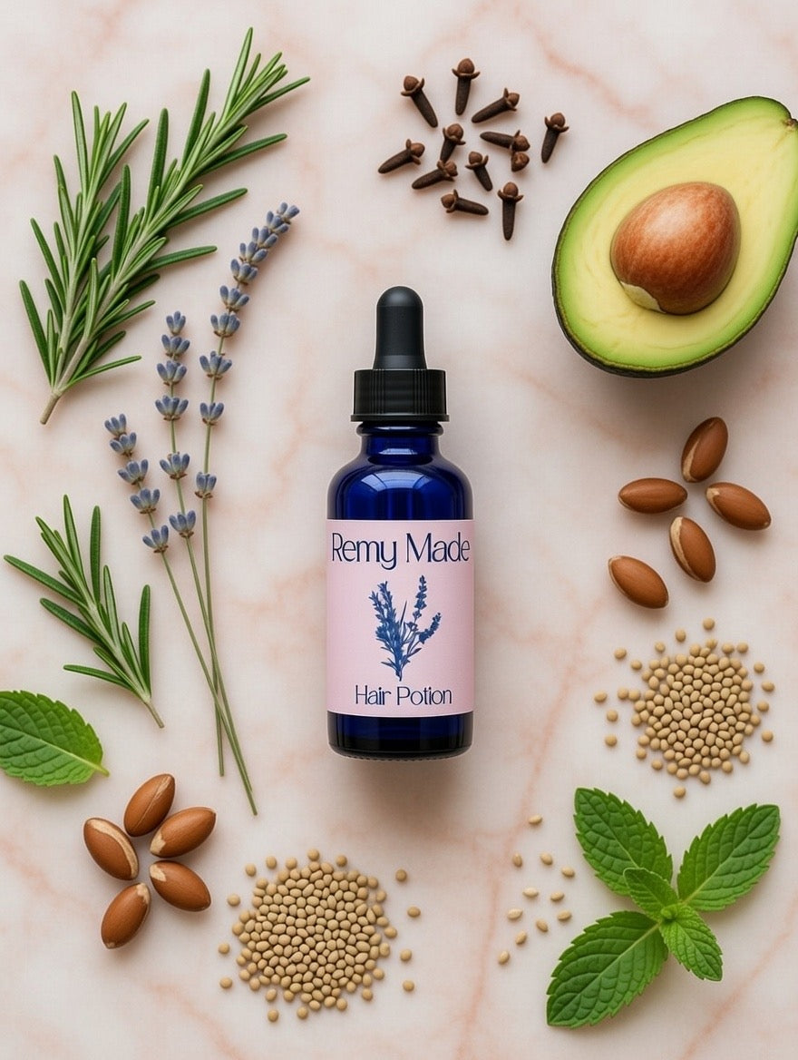 Remy Made Hair Potion surrounded by botanical ingredients rosemary argan lavender on a light background with avocado and almonds