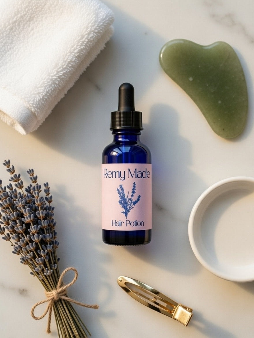 Remy Made Hair Potion self-care flat-lay with gua sha and lavender bundle