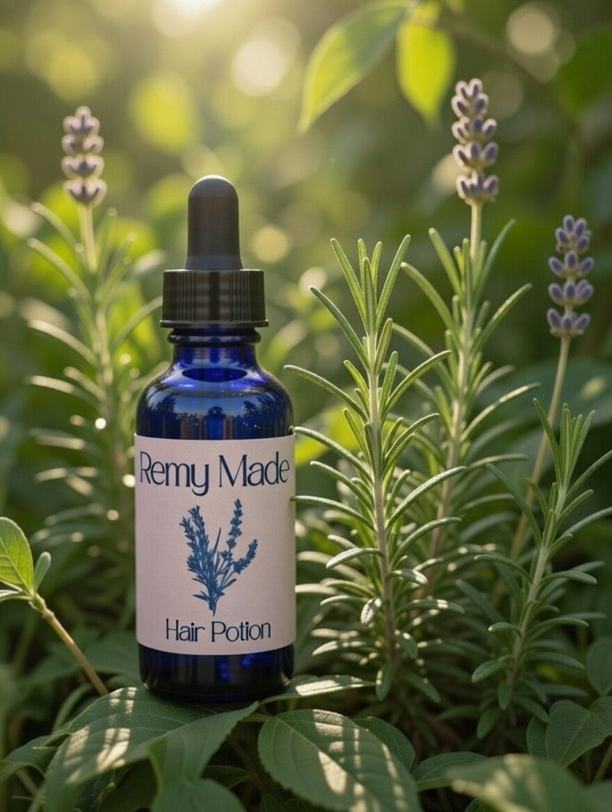 Remy Made Hair Potion in fresh rosemary and lavender garden